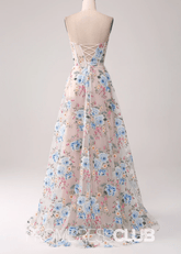 Jocelyn | White Floral A - Line Strapless Corset Long Prom Dress - Price #price_variant_lowest# - White Floral - PromDressClub